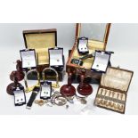 A BOX OF SILVER, DISPLAY BOXES AND STANDS, to include a cased set of six silver jubilee