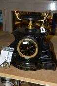 A BLACK SLATE MANTEL CLOCK WITH COMPORT FINIAL, the case with incised gilt foliate decoration, the