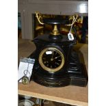 A BLACK SLATE MANTEL CLOCK WITH COMPORT FINIAL, the case with incised gilt foliate decoration, the