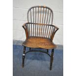 AN 18TH CENTURY ELM AND YEW WOOD WINDSOR ARMCHAIR, width 52cm x depth 55cm x height 92cm (