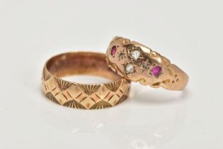 A 9CT GOLD BAND RING AND A GEM SET RING, wide textured band, approximate band width 5.5mm,