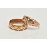 A 9CT GOLD BAND RING AND A GEM SET RING, wide textured band, approximate band width 5.5mm,