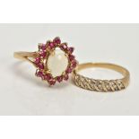 TWO 9CT GOLD GEM SET DRESS RINGS, the first a yellow gold cluster ring, centring on a four claw set,