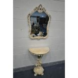 AN ITALIAN CREAM FINISH CONSOLE TABLE, on a cherub support, width 60cm x depth 30cm x height 77cm