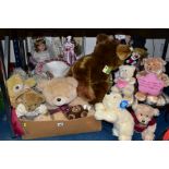 THREE BOXES OF SOFT TOYS, CLOWNS AND COLLECTABLE DOLLS, including two collectable clowns 'Hobo'