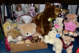 THREE BOXES OF SOFT TOYS, CLOWNS AND COLLECTABLE DOLLS, including two collectable clowns 'Hobo'