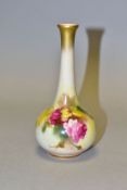 A ROYAL WORCESTER BUD VASE, painted with roses, top of elongated neck and foot gilded, height
