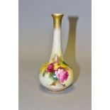 A ROYAL WORCESTER BUD VASE, painted with roses, top of elongated neck and foot gilded, height