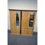 A PINE DOUBLE DOOR WARDROBE, one door with a single mirror, above three drawers and cupboard door,