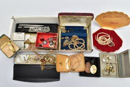 A BOX OF ASSORTED ITEMS, to include imitation pearl necklaces, yellow metal costume chains,