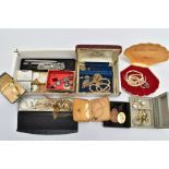 A BOX OF ASSORTED ITEMS, to include imitation pearl necklaces, yellow metal costume chains,