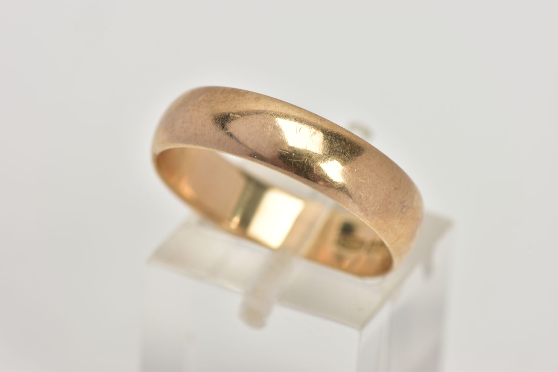 A 9CT GOLD BAND RING, plain polished wide band, approximate width 5.2mm, hallmarked 9ct Birmingham