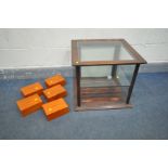 A 20TH CENTURY STAINED PINE TABLE TOP JEWELLERY DISPLAY CABINET, 57cm squared x height 50cm (