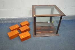 A 20TH CENTURY STAINED PINE TABLE TOP JEWELLERY DISPLAY CABINET, 57cm squared x height 50cm (