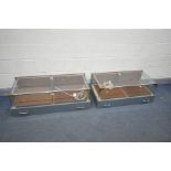 A PAIR OF TABLE DISPLAY CABINETS, with twin sliding trays/doors, led lighting, and grey painted