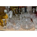 A QUANTITY OF CUT CRYSTAL, CRANBERRY GLASS AND OTHER GLASSWARES, approximately sixty pieces to