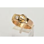 A 18CT GOLD BUCKLE RING, a yellow gold band ring in the style of a buckle, approximate width 7mm,