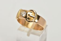 A 18CT GOLD BUCKLE RING, a yellow gold band ring in the style of a buckle, approximate width 7mm,