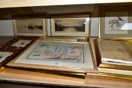 DECORATIVE PAINTINGS AND PRINTS ETC, comprising two watercolours 'Villa by the sea' and 'Brantome,