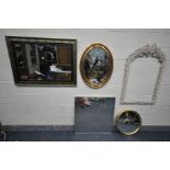 A SELECTION OF MIRRORS, to include a modern rectangular bevelled edge mirror, 111cm x 80cm, an