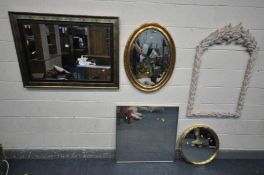 A SELECTION OF MIRRORS, to include a modern rectangular bevelled edge mirror, 111cm x 80cm, an