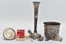 A SILVER BEAKER, POSY VASE, AND OTHER ITEMS, embossed floral and foliate beaker with a wavy rim,