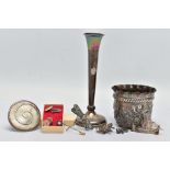 A SILVER BEAKER, POSY VASE, AND OTHER ITEMS, embossed floral and foliate beaker with a wavy rim,