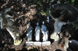 A COMPOSITE CHERUB BIRD BATH, height 74cm, along with a composite classical standing lady in flowing