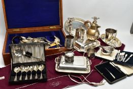 A BOX OF ASSORTED CUTLERY AND TABLEWARE, to include a cased set of six mother of pearl handled