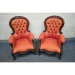 A PAIR OF REPRODUCTION VICTORIAN STYLE MAHOGANY SPOON BACK ARMCHAIRS, with foliate decoration, width