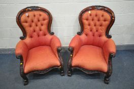 A PAIR OF REPRODUCTION VICTORIAN STYLE MAHOGANY SPOON BACK ARMCHAIRS, with foliate decoration, width