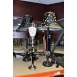 A PAIR OF MODERN TALL BLACK TABLE LAMPS AND CO-ORDINATING CANDLE HOLDER, the lamps having moulded