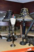 A PAIR OF MODERN TALL BLACK TABLE LAMPS AND CO-ORDINATING CANDLE HOLDER, the lamps having moulded