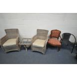 A PAIR OF WICKER CONSERVATORY TUB CHAIRS, with cushions, and a matching table with a glass inset,