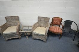 A PAIR OF WICKER CONSERVATORY TUB CHAIRS, with cushions, and a matching table with a glass inset,