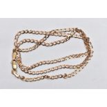 A 9CT GOLD CHAIN NECKLACE, a rose gold flat curb link chain, approximate length 530mm, fitted with a
