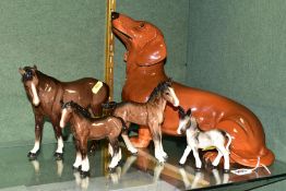 A GROUP OF BESWICK AND OTHER ANIMAL FIGURES, comprising four Beswick animals: a Tan Dachshund (