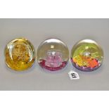 THREE SELKIRK GLASS PAPERWEIGHTS, comprising multicoloured Festival 2000, pink and white Pastelle