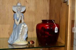 A ROYAL DOULTON FLAMBE VASE, A NAO FIGURINE AND AN ENAMEL TRINKET BOX, comprising Royal Doulton