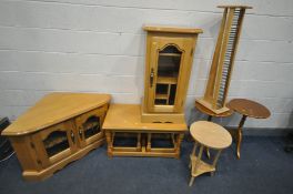 A SELECTION OF BEECH OCCASIONAL FURNITUTRE, to include a nest/coffee table, a corner tv stand, a