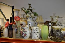 A QUANTITY OF VASES, JUGS AND LAMPS, including a stoneware flagon and jar, seven lamps of mixed