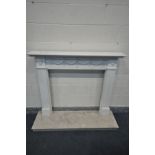 A PAINTED FIRE SURROUND, on a marble base, width 150cm x height 118cm