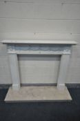 A PAINTED FIRE SURROUND, on a marble base, width 150cm x height 118cm