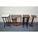 A MAHOGANY QUARTETTO NEST OF FOUR TABLES, width 36cm x depth 27cm x height 71cm, a marble top