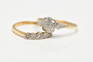 TWO DIAMOND RINGS, the first a white metal floral detailed head set with five single cut diamonds,