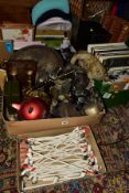 FOUR BOXES AND LOOSE METALWARES, TEDDY BEAR, LPS, WICKER HAMPERS, ETC, including over thirty