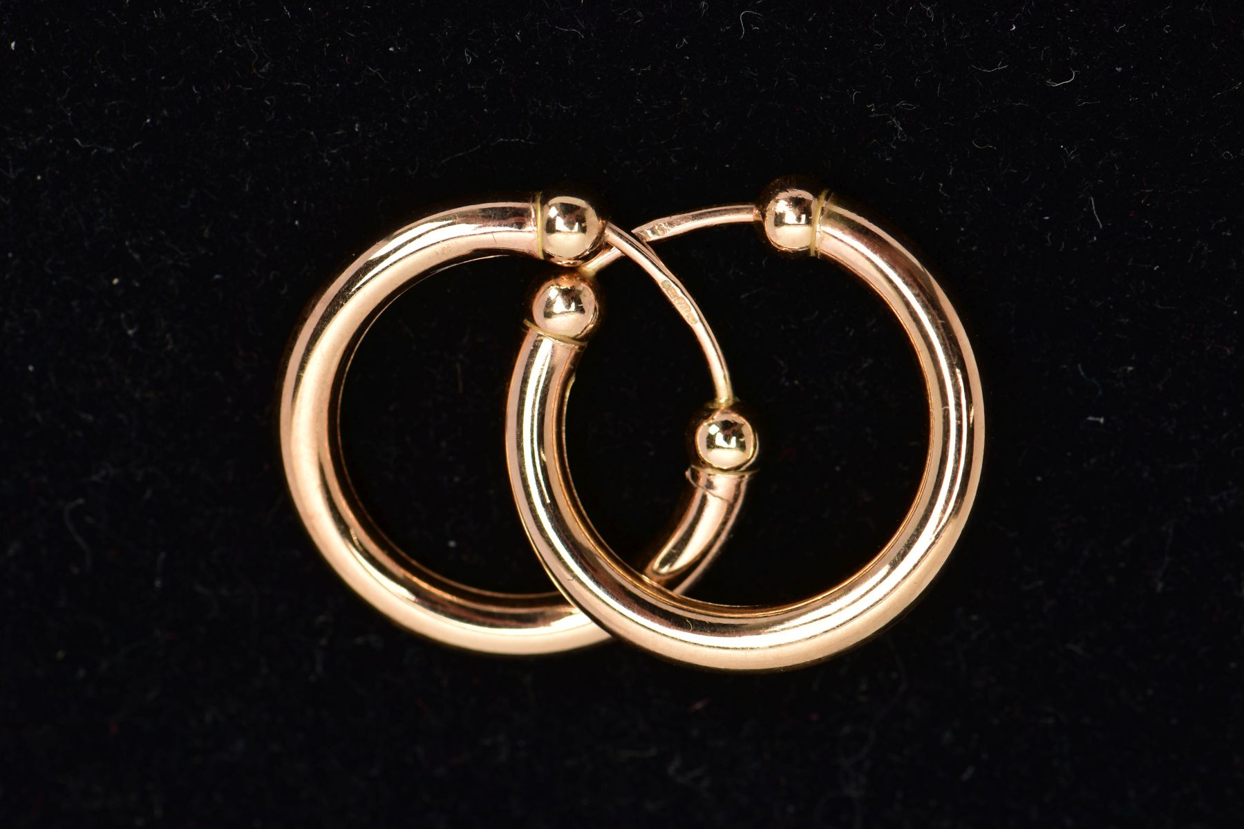 A PAIR OF 9CT GOLD EARRINGS, each hollow ear hoop of plain polished design with spherical bead - Image 2 of 2