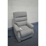A GREY UPHOLSTERED ELECTRIC RISE AND RECLINE ARMCHAIR (condition:-some stains to the seat)