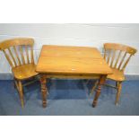 A PINE KITCHEN TABLE, length 91cm x depth 77cm x height 73cm, and two beech chairs (3) (condition:-