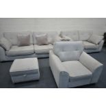 A DFS BEIGE UPHOLSTERED THREE PIECE LOUNGE SUITE, comprising a three seater settee, length 220cm,